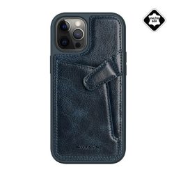   NILLKIN AOGE műanyag telefonvédő (valódi bőr hátlap, mikrofiber plüss belső, bankkártya tartó) SÖTÉTKÉK Apple iPhone 12 Pro Max