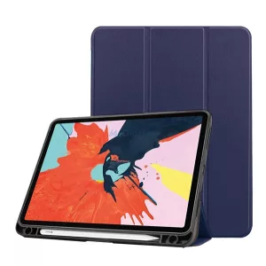 Tok álló, bőr hatású (aktív FLIP, oldalra nyíló, TRIFOLD, asztali tartó, ceruza tartó) SÖTÉTKÉK Apple IPAD Air 2020 (Air 4)