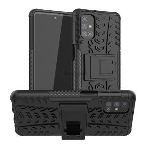 Defender műanyag telefonvédő (közepesen ütésálló, szilikon belső, kitámasztó, autógumi minta) FEKETE Samsung Galaxy M31s (SM-M317F)