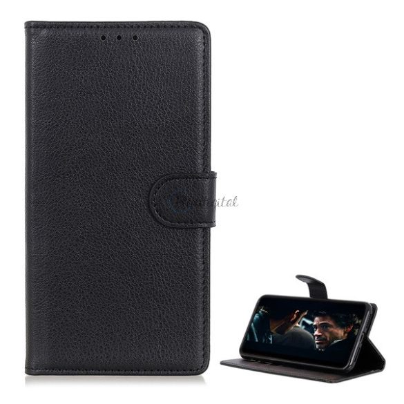 Tok álló, bőr hatású (FLIP, oldalra nyíló, asztali tartó funkció, prémium) FEKETE Sony Xperia 10 II (XQ-AU5)
