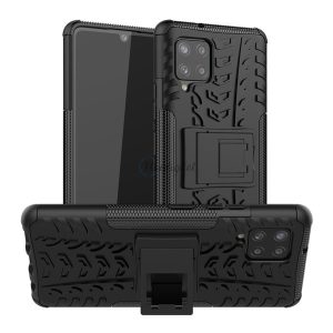 Defender műanyag telefonvédő (közepesen ütésálló, szilikon belső, kitámasztó, autógumi minta) FEKETE Samsung Galaxy A42 5G (SM-A425F)
