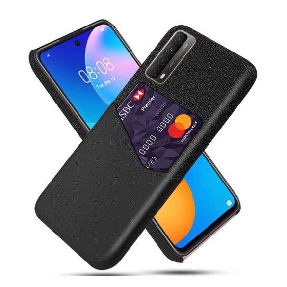 Műanyag telefonvédő (közepesen ütésálló, bankkártya tartó, textil bevonat, bőr hatású hátlap) FEKETE Huawei P Smart (2021)