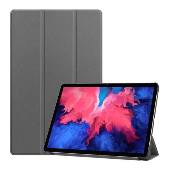 Tok álló, bőr hatású (aktív FLIP, oldalra nyíló, TRIFOLD, asztali tartó) SÖTÉTSZÜRKE Lenovo Tab P11 (TB-J606F), Lenovo Tab P11 5G (TB-J607Z), Lenovo Tab P11 Plus (TB-J616F)