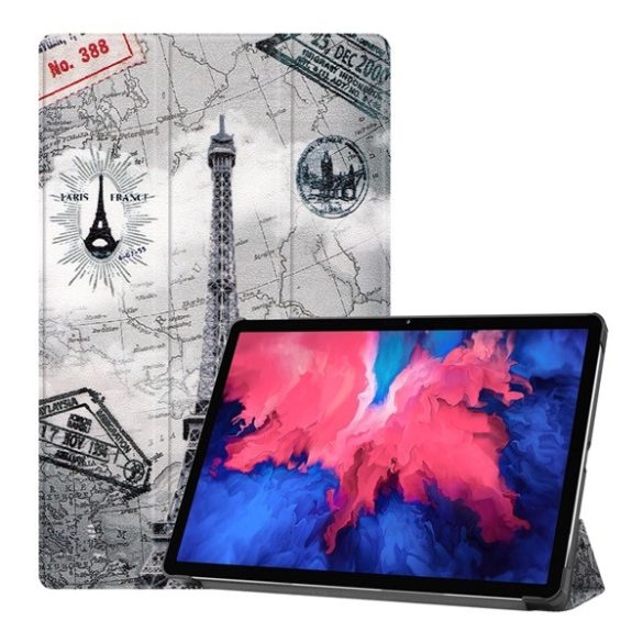 Tok álló, bőr hatású (aktív FLIP, oldalra nyíló, TRIFOLD, asztali tartó, Eiffel torony, térkép) VILÁGOSSZÜRKE Lenovo Tab P11 (TB-J606F), Lenovo Tab P11 5G (TB-J607Z), Lenovo Tab P11 Plus (TB-J616F)