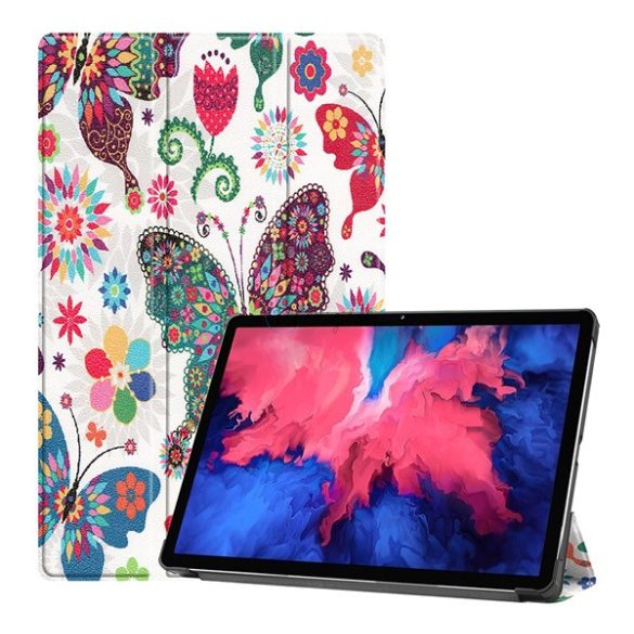 Tok álló, bőr hatású (aktív FLIP, oldalra nyíló, TRIFOLD, asztali tartó, színes pillangó) FEHÉR Lenovo Tab P11 (TB-J606F), Lenovo Tab P11 5G (TB-J607Z), Lenovo Tab P11 Plus (TB-J616F)