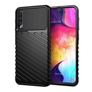 Szilikon telefonvédő (közepesen ütésálló, csíkos, dombor minta) FEKETE Samsung Galaxy A50s (SM-A507F), Samsung Galaxy A50 (SM-A505F), Samsung Galaxy A30s (SM-A307F)