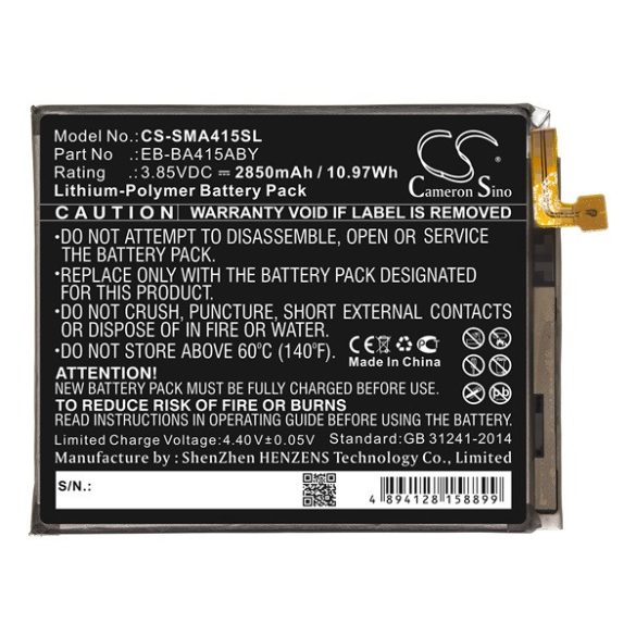 CAMERON SINO Li-Polymer akku (3.85V/2850mAh, Samsung EB-BA415ABY kompatibilis) FEKETE Samsung Galaxy A41 (SM-A415F)