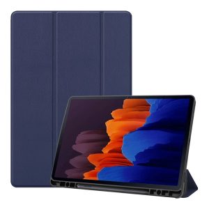 Tok álló, bőr hatású (aktív FLIP, oldalra nyíló, TRIFOLD, asztali tartó, ceruza tartó) SÖTÉTKÉK Samsung Galaxy Tab S7 Plus WIFI (SM-T970), Samsung Galaxy Tab S7 Plus WIFI 5G (SM-T976), Samsung Galaxy Tab S8 Plus WIFI (SM-X800), Samsung Galaxy Tab S8 