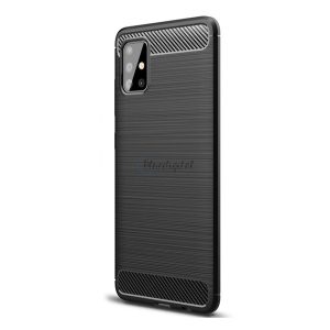 Szilikon telefonvédő (közepesen ütésálló, légpárnás sarok, szálcsiszolt, karbon minta) FEKETE Samsung Galaxy A51 5G (SM-A516F)