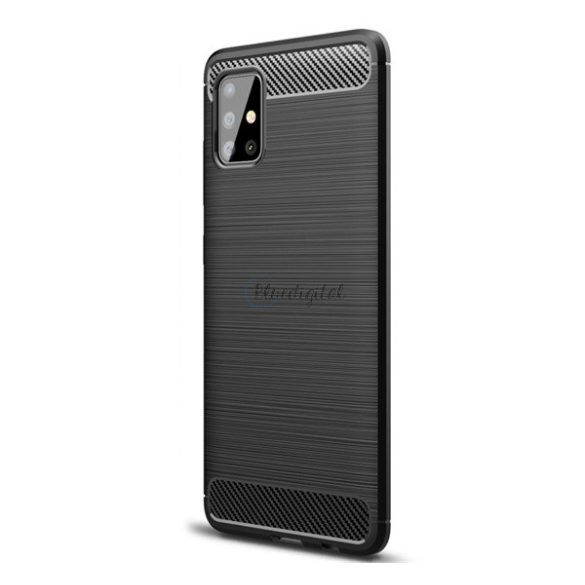Szilikon telefonvédő (közepesen ütésálló, légpárnás sarok, szálcsiszolt, karbon minta) FEKETE Samsung Galaxy A51 5G (SM-A516F)