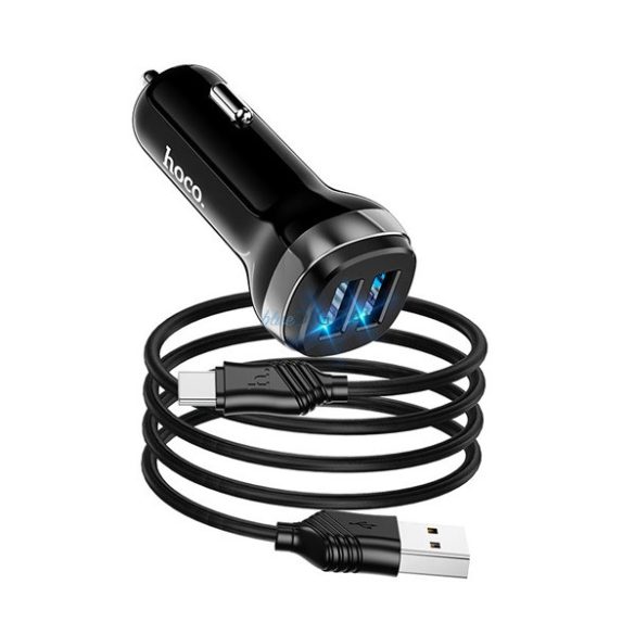 HOCO Z40 autós töltő 2 USB aljzat (12W, gyorstöltő, LED jelzés + Type-C kábel) FEKETE