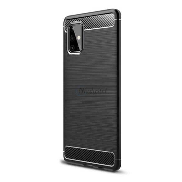 Szilikon telefonvédő (közepesen ütésálló, légpárnás sarok, szálcsiszolt, karbon minta) FEKETE Samsung Galaxy A71 5G (SM-A716F)