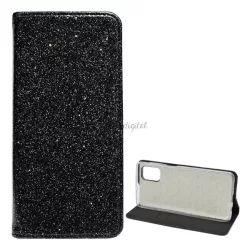   Tok álló, bőr hatású (FLIP, szilikon belső, oldalra nyíló, asztali tartó funkció, bankkártya tartó, csillogó) FEKETE Samsung Galaxy M51 (SM-M515F)