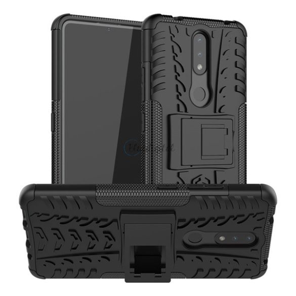 Defender műanyag telefonvédő (közepesen ütésálló, szilikon belső, kitámasztó, autógumi minta) FEKETE Nokia 2.4