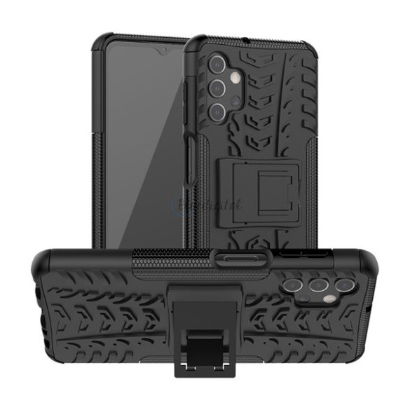 Defender műanyag telefonvédő (közepesen ütésálló, szilikon belső, kitámasztó, autógumi minta) FEKETE Samsung Galaxy A32 5G (SM-A326)