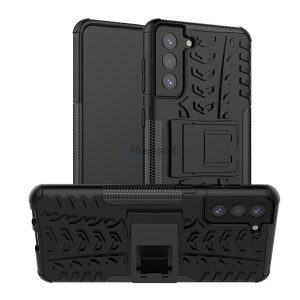Defender műanyag telefonvédő (közepesen ütésálló, szilikon belső, kitámasztó, autógumi minta) FEKETE Samsung Galaxy S21 Plus (SM-G996) 5G