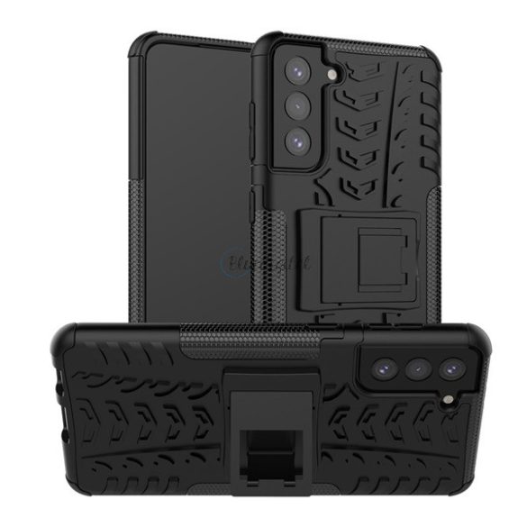 Defender műanyag telefonvédő (közepesen ütésálló, szilikon belső, kitámasztó, autógumi minta) FEKETE Samsung Galaxy S21 Plus (SM-G996) 5G
