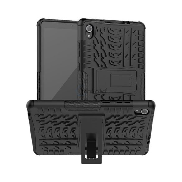 Defender műanyag telefonvédő (közepesen ütésálló, szilikon belső, kitámasztó, autógumi minta) FEKETE Lenovo Tab M8 (TB-8505F) WIFI, Lenovo Tab M8 (TB-8505X) LTE