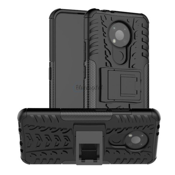 Defender műanyag telefonvédő (közepesen ütésálló, szilikon belső, kitámasztó, autógumi minta) FEKETE Nokia 3.4