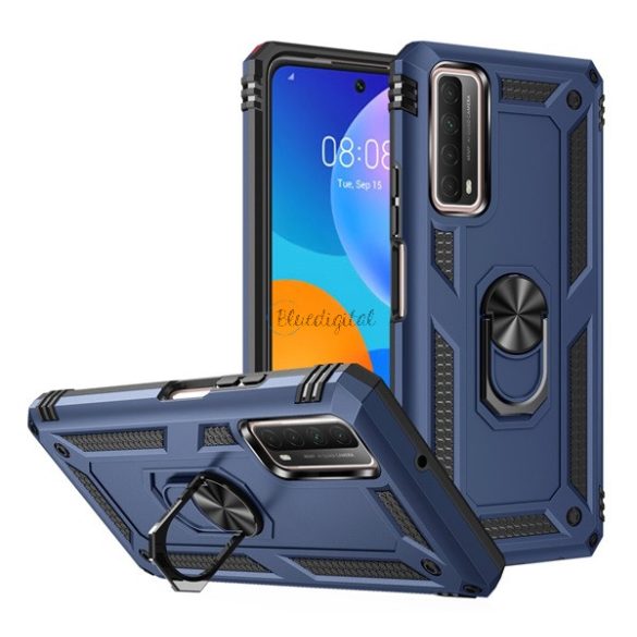 Defender műanyag telefonvédő (közepesen ütésálló, szilikon belső, telefontartó gyűrű, beépített fémlemez) SÖTÉTKÉK Huawei P Smart (2021)