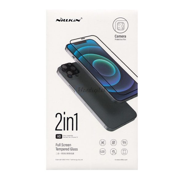 NILLKIN képernyővédő üveg 2in1 (3D full cover, íves, karcálló, 0.33mm, 9H + kameravédő fólia) FEKETE Apple iPhone 12