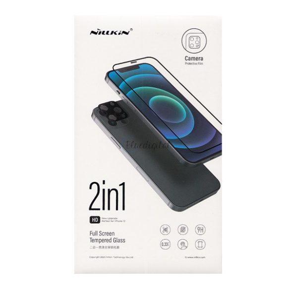 NILLKIN képernyővédő üveg 2in1 (3D full cover, íves, karcálló, 0.33mm, 9H + kameravédő fólia) FEKETE Apple iPhone 12 Pro