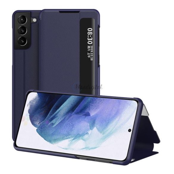 Tok álló, bőr hatású (aktív FLIP, oldalra nyíló, asztali tartó funkció, hívószámkijelzés, View Window) SÖTÉTKÉK Samsung Galaxy S21 Plus (SM-G996) 5G