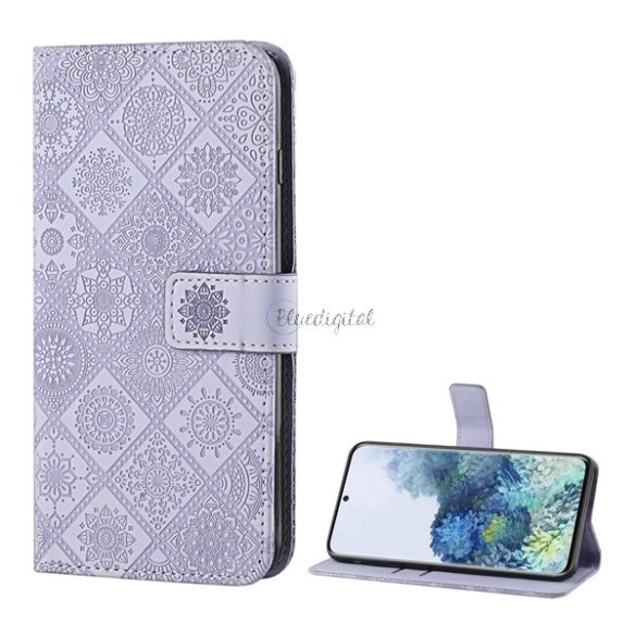 Tok álló, bőr hatású (FLIP, oldalra nyíló, asztali tartó funkció, 3D hatás, virág minta) LILA Samsung Galaxy S20 FE (SM-G780)