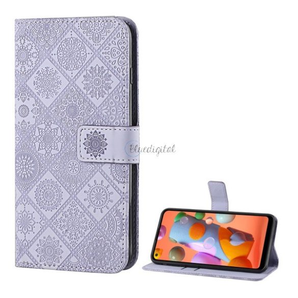 Tok álló, bőr hatású (FLIP, oldalra nyíló, asztali tartó funkció, 3D hatás, virág minta) LILA Samsung Galaxy A21s (SM-A217F)