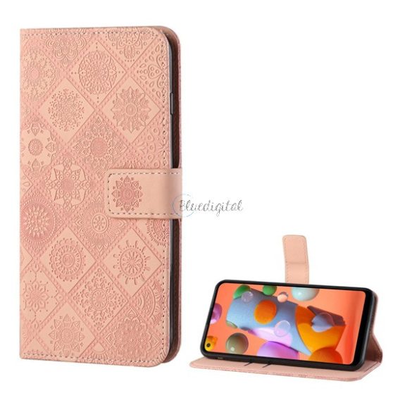 Tok álló, bőr hatású (FLIP, oldalra nyíló, asztali tartó funkció, 3D hatás, virág minta) RÓZSASZÍN Samsung Galaxy A21s (SM-A217F)