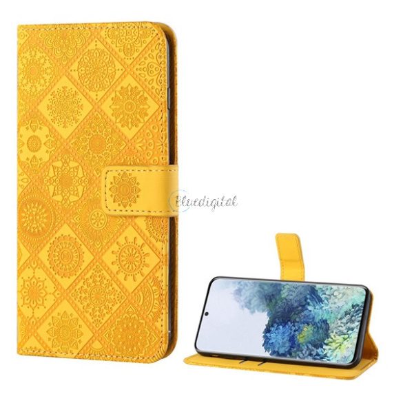 Tok álló, bőr hatású (FLIP, oldalra nyíló, asztali tartó funkció, 3D hatás, virág minta) SÁRGA Samsung Galaxy S20 FE (SM-G780)