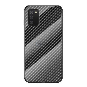 Telefonvédő szilikon keret (BUMPER, edzett üveg hátlap, karbon minta) FEKETE Samsung Galaxy A02s (SM-A025F)