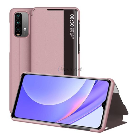 Tok álló, bőr hatású (FLIP, oldalra nyíló, asztali tartó funkció, hívószámkijelzés, View Window) RÓZSASZÍN Xiaomi Redmi 9T