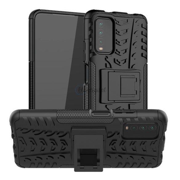 Defender műanyag telefonvédő (közepesen ütésálló, szilikon belső, kitámasztó, autógumi minta) FEKETE Xiaomi Redmi 9T