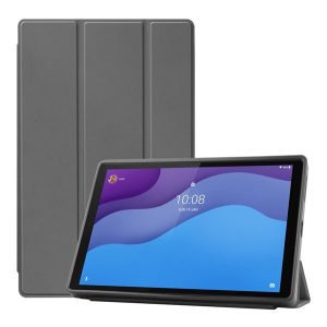 Tok álló, bőr hatású (aktív FLIP, oldalra nyíló, TRIFOLD, asztali tartó) SÖTÉTSZÜRKE Lenovo Tab M10 HD (TB-X306F)