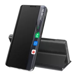   Tok álló, textil hatású (aktív FLIP, oldalra nyíló, asztali tartó funkció, Smart View Cover) FEKETE Xiaomi MI 10 Pro 5G