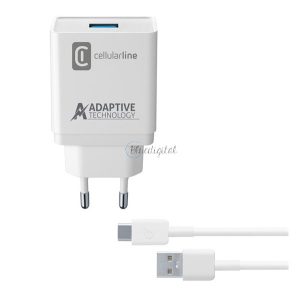 CELLULARLINE hálózati töltő USB aljzat (15W, PD gyorstöltő + Type-C kábel) FEHÉR