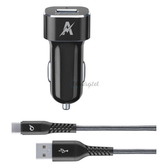 CELLULARLINE TETRAFORCE autós töltő USB aljzat (15W, gyorstöltő + Type-C kábel) FEKETE