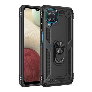 Defender műanyag telefonvédő (közepesen ütésálló, szilikon belső, telefontartó gyűrű, beépített fémlemez) FEKETE Samsung Galaxy A12 (SM-A125F / SM-A127F)