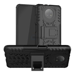 Defender műanyag telefonvédő (közepesen ütésálló, szilikon belső, kitámasztó, autógumi minta) FEKETE Xiaomi Redmi Note 9T 5G, Xiaomi Redmi Note 9 5G