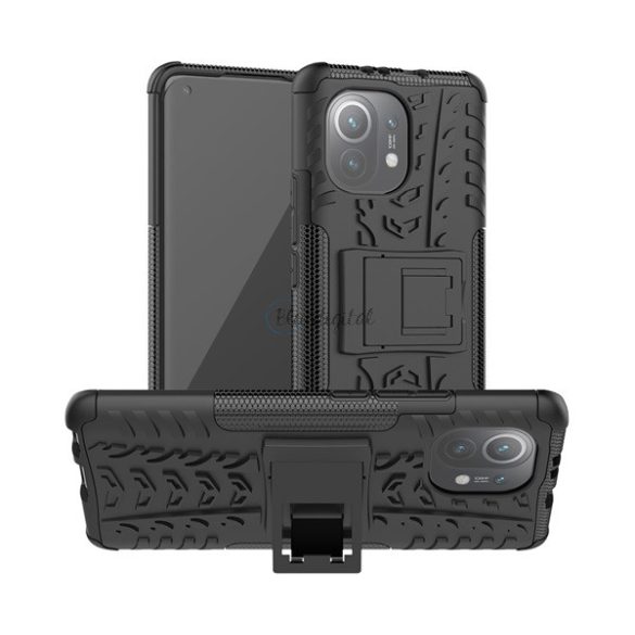 Defender műanyag telefonvédő (közepesen ütésálló, szilikon belső, kitámasztó, autógumi minta) FEKETE Xiaomi Mi 11 5G