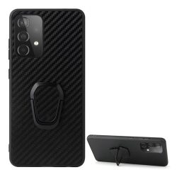   Szilikon telefonvédő (közepesen ütésálló, bőr hatású hátlap, kitámasztó, karbon minta) FEKETE Samsung Galaxy A52 4G (SM-A525F), Samsung Galaxy A52 5G (SM-A526F), Samsung Galaxy A52s 5G (S
