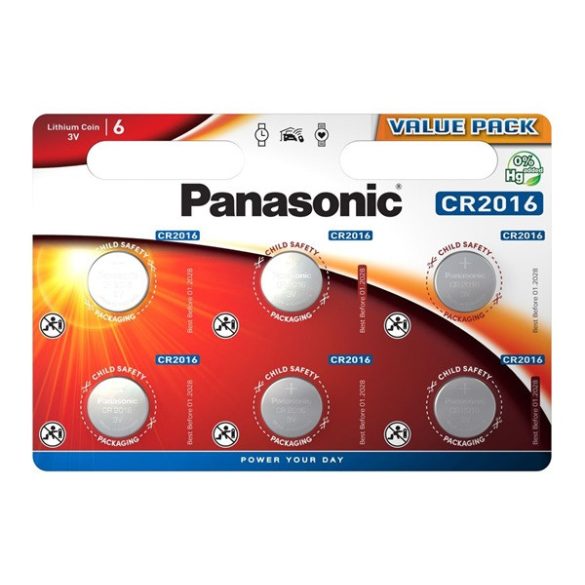 PANASONIC gombelem (CR2016, 3V, lítium) 6db/csomag