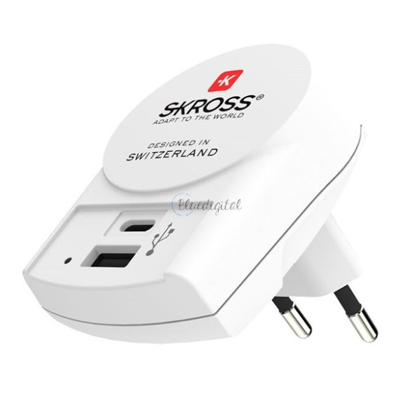 SKROSS hálózati töltő USB+Type-C aljzat (15W, gyorstöltő) FEHÉR