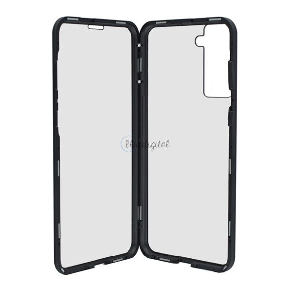Alumínium telefonvédő (360°-os védelem, mágneses, közepesen ütésálló, edzett üveg előlap, hátlap, 9H) FEKETE Samsung Galaxy S21 Plus (SM-G996) 5G