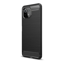   Szilikon telefonvédő (közepesen ütésálló, légpárnás sarok, szálcsiszolt, karbon minta) FEKETE Xiaomi Mi 11 Lite 4G, Xiaomi Mi 11 Lite 5G, Xiaomi 11 Lite 5G NE