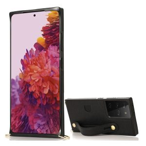 Szilikon telefonvédő (közepesen ütésálló, asztali tartó funkció, bőrhatású hátlap + kézpánt + vállpánt) FEKETE Samsung Galaxy S21 Ultra (SM-G998) 5G