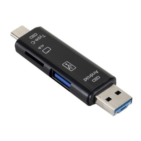 Adapter 5in1 (USB - microUSB - Type-C aljzat microSD/pendrive olvasó, OTG) FEKETE 