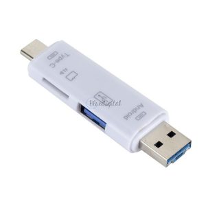 Adapter 5in1 (USB + microUSB + Type-C aljzat, microSD / pendrive olvasó, OTG) FEHÉR