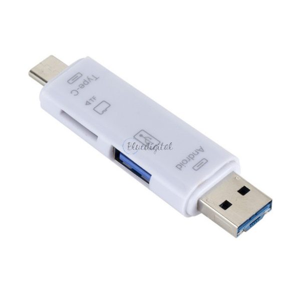 Adapter 5in1 (USB + microUSB + Type-C aljzat, microSD / pendrive olvasó, OTG) FEHÉR